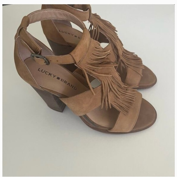 Lucky Brand ‘Leesha’ Women’s Fringe Block Heel Tan Nubuck Leather - Picture 12 of 13